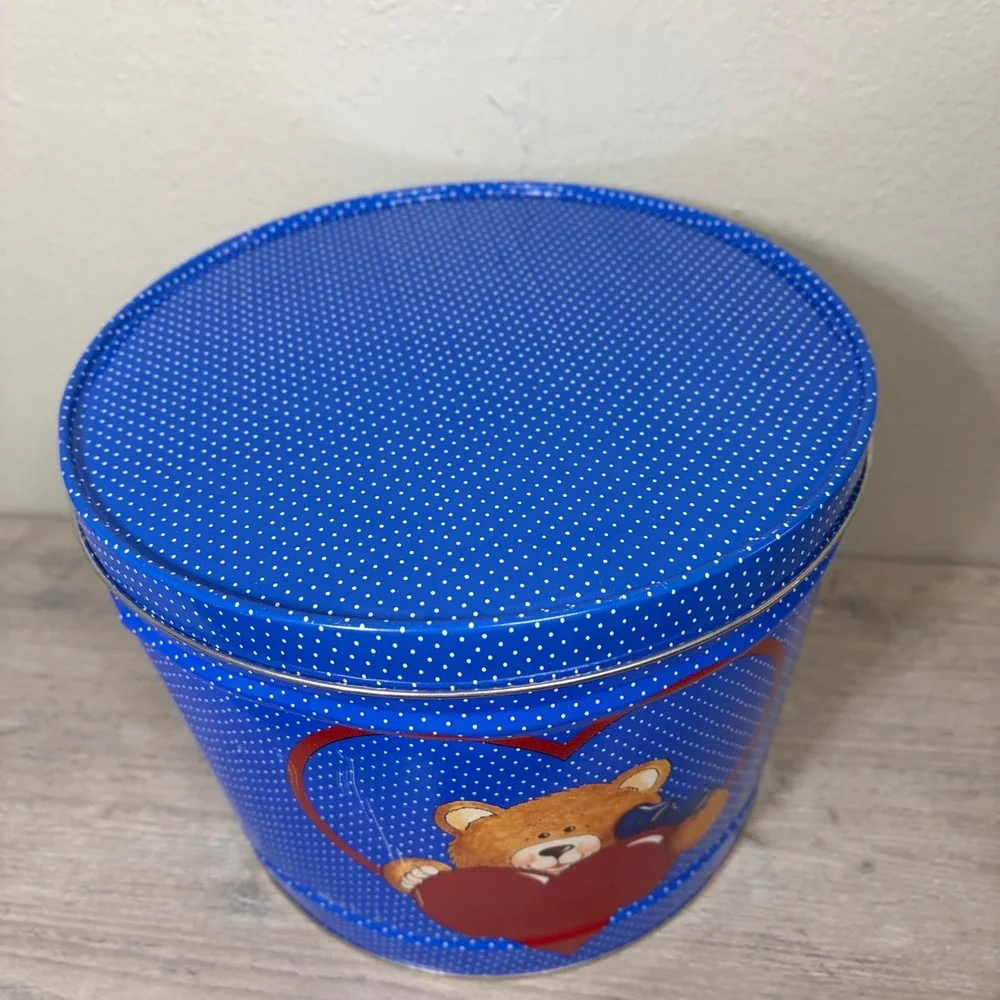 Vintage Teddy Bear Heart Blue Polka Dot Metal Cookie Tin Storage Container 10
